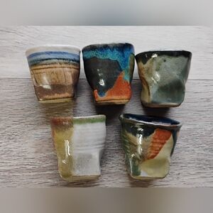 Japanese Tea Cups Salt Glazed Clay Pottery Hand Crafted Stamped Set Of 5